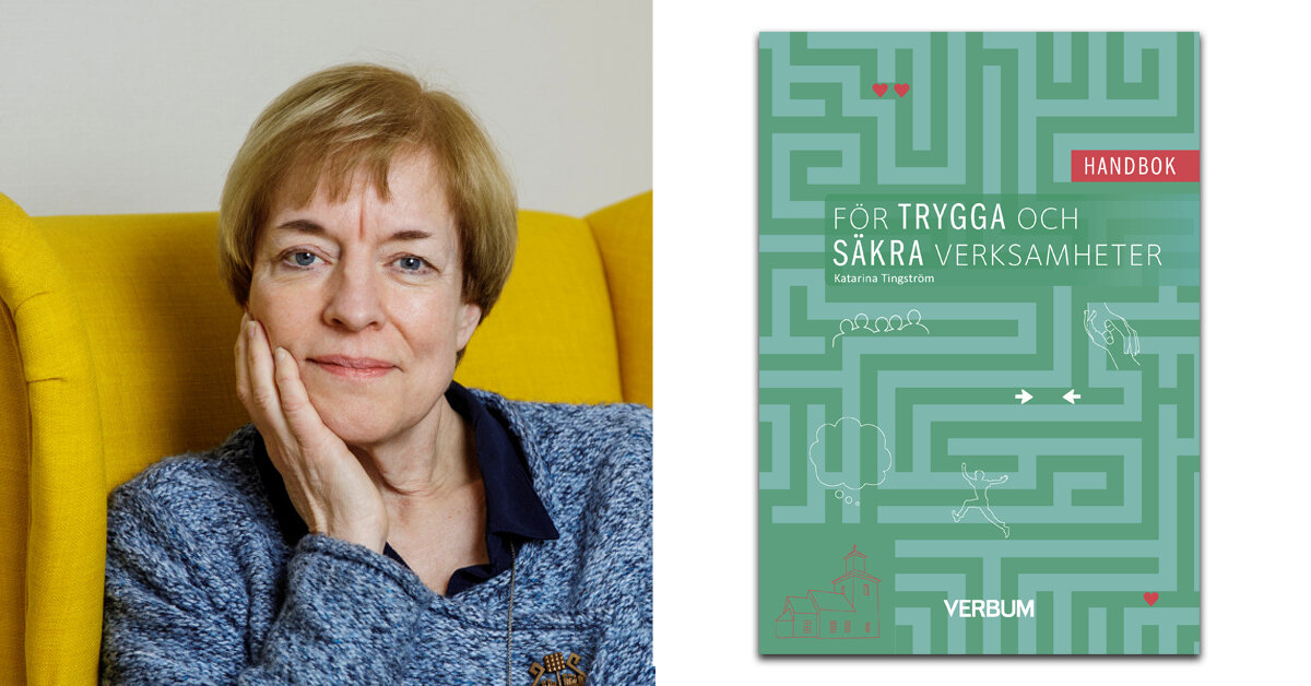 Kvinna sitter i gul fåtölj och Handbok för trygga och säkra verksamheter.