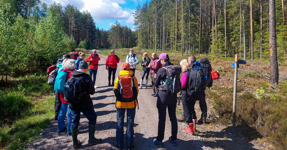 En grupp vandrare har stannat för att samlas i en cirkel på vägen.