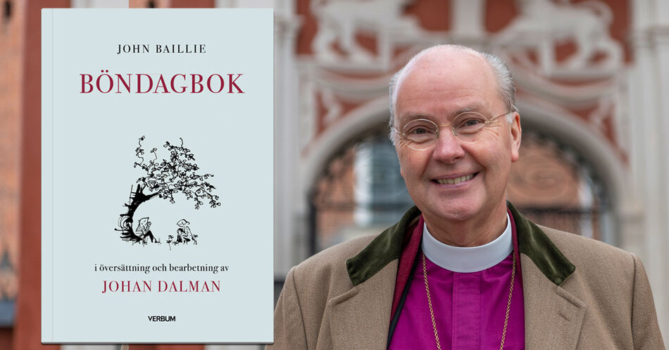 Boken Böndagbok samt en man i glasögon och lila biskopsskjorta. | © Foto: Tobias Fischer