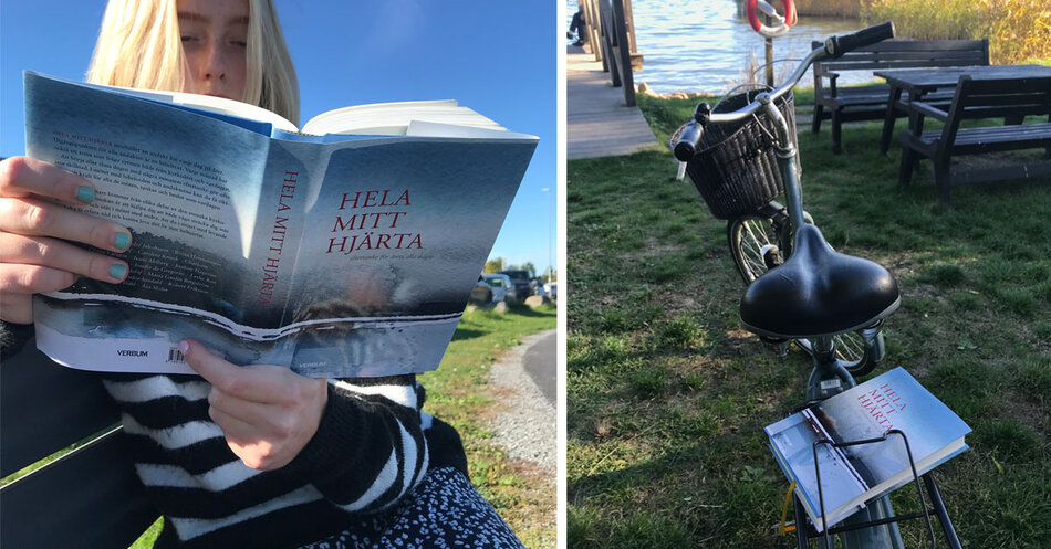 Tjej sitter och läser boken Hela mitt hjärta på en bänk. Hela mitt hjärta fastspänd på pakethållaren av en cykel. | © Foto: Åsa Svedin