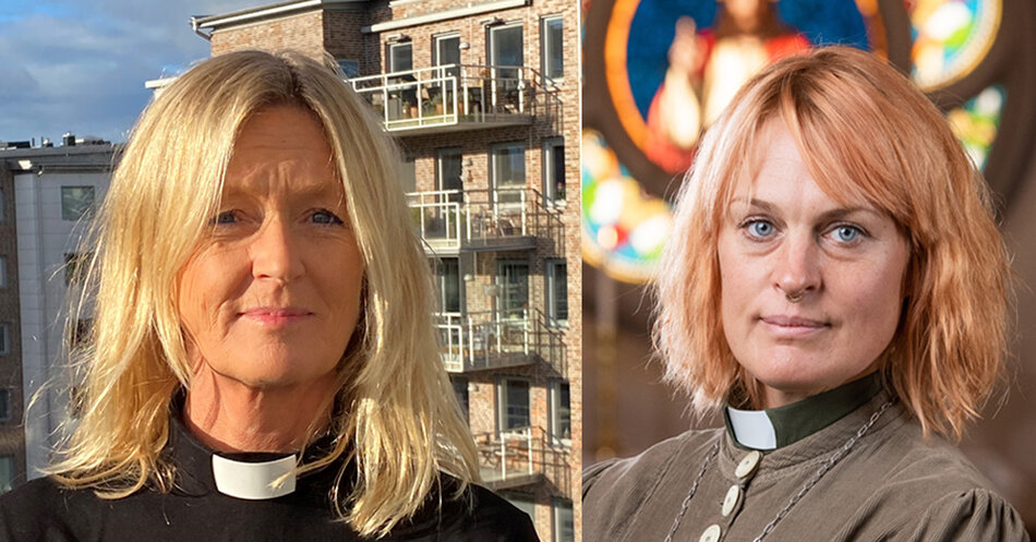 Närbild av en blond kvinna iförd svart skjorta med prästkrage på en balkong.  Närbild av en rödhårig kvinna iför grön diakonskjorta i en kyrka.