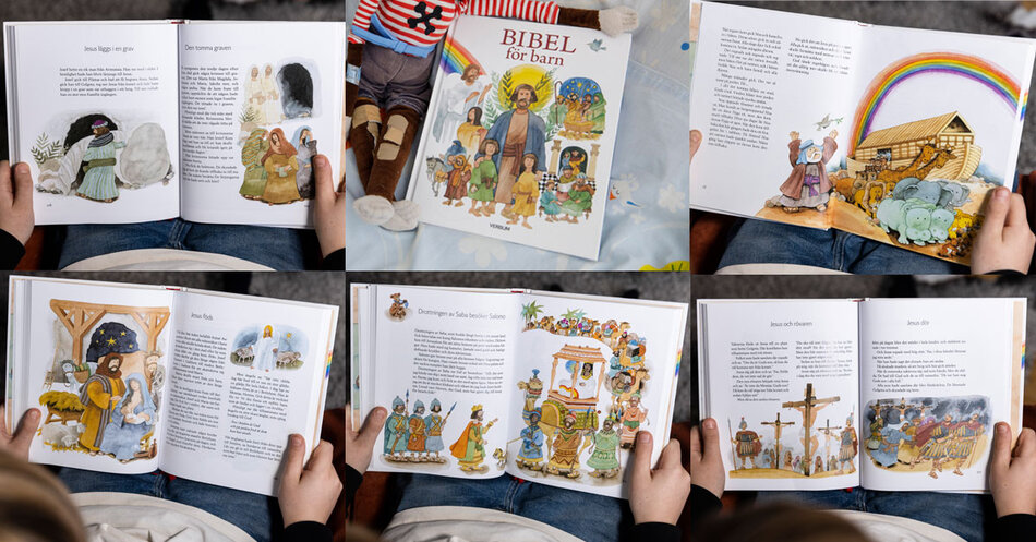 Kollage av bilder på uppslag ifrån bibel för barn. | © Foto: Mikael M Johansson