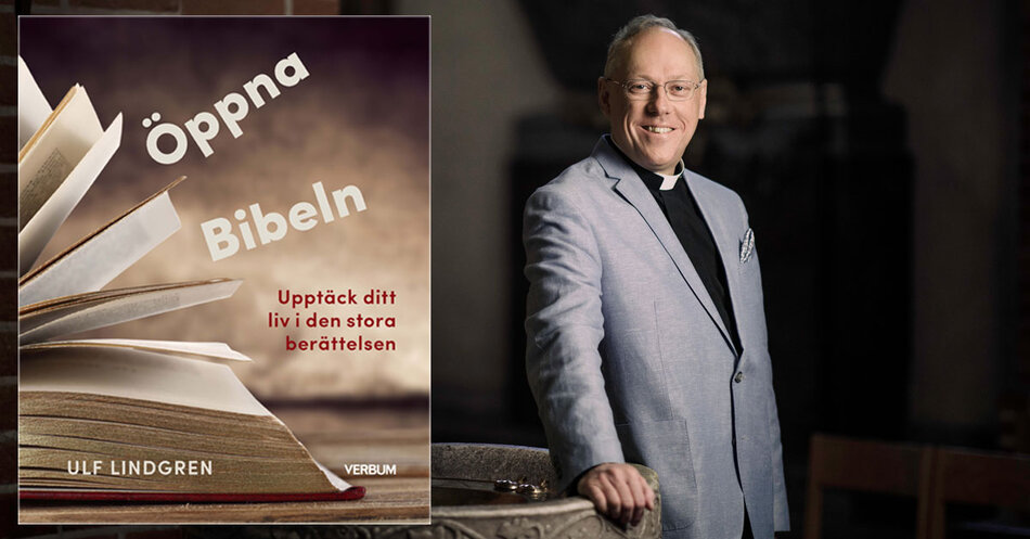 Bokomslag Öppna bibeln, en man i i prästskorta i en kyrka vid dopfunten | © Foto: Mikael M Johansson