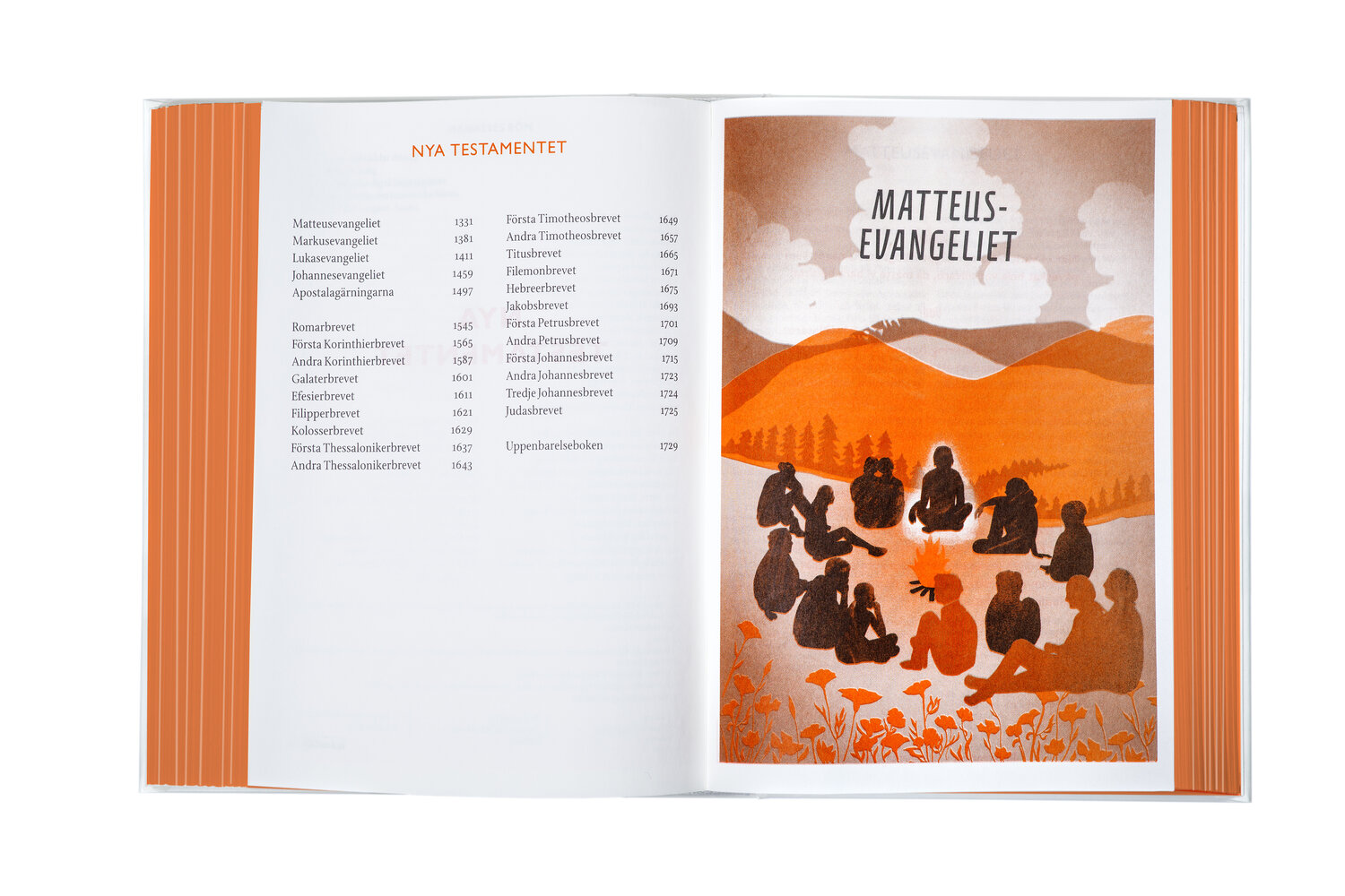 Ett uppslag ur bibeln som visar första sidan av det nya evangeliet med innehållsförteckning för nya testamentet samt början av matteusevangeliet.