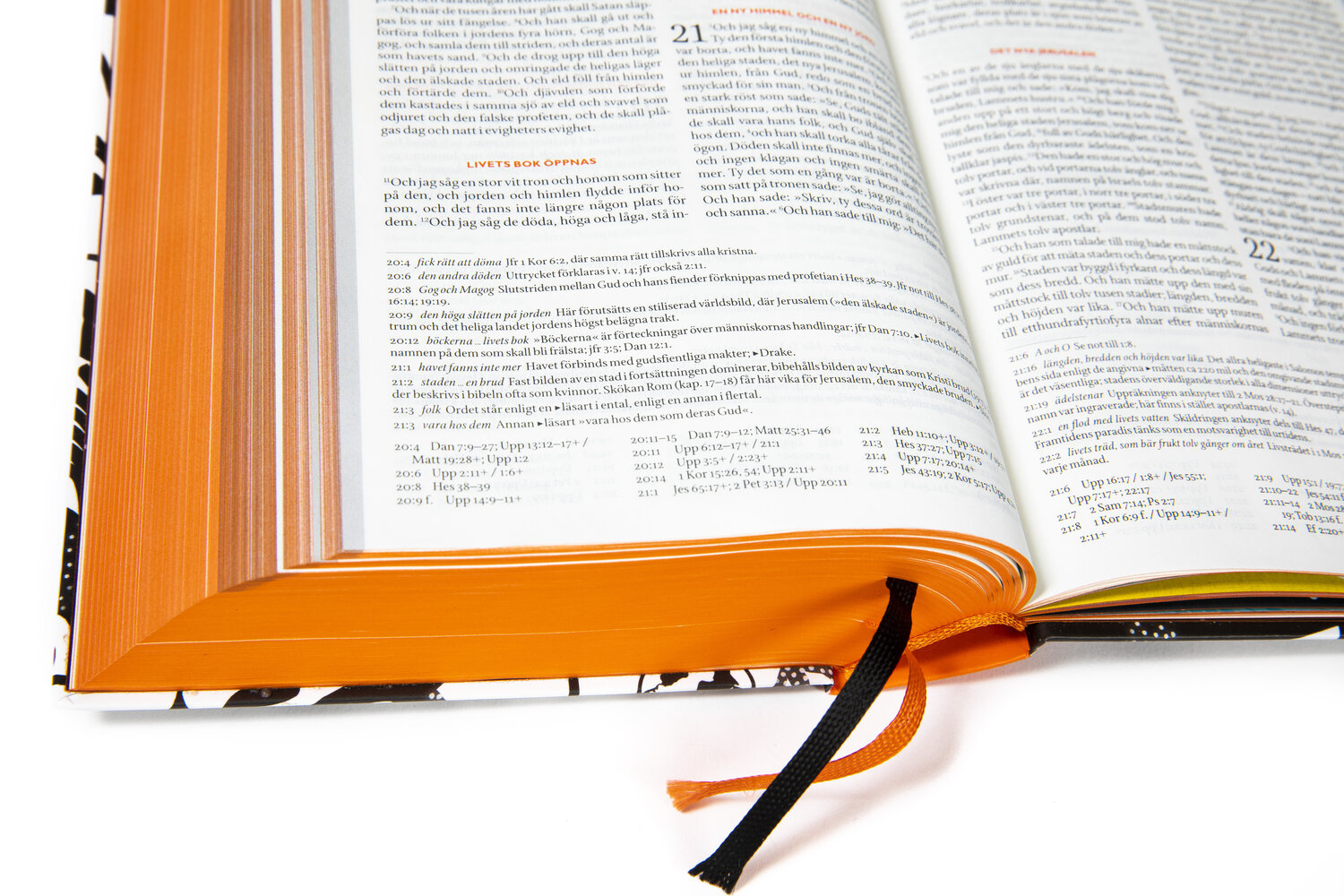 Närbild på banden som markerar sidor i en bibel.