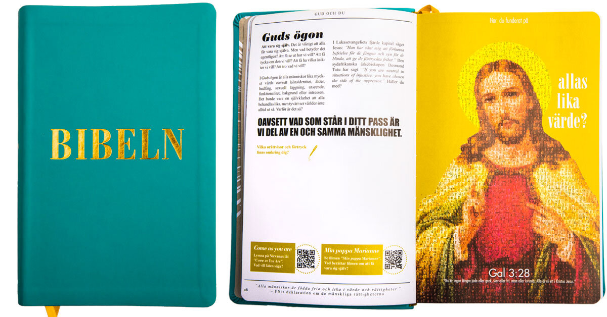 Omslag konfirmandbibel. Uppslag ur konfirmandbibel med rubriken guds ögon på ena sidan och av bild av Jesus med texten allas lika värde? på den andra.
