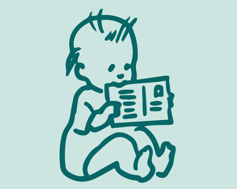 illustration bebis håller i vykort | © illustration Maja Lindén