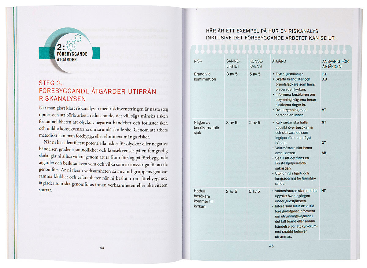 Uppslag ur boken trygga och säkra verksamheter med rubriken Förebyggande åtgärder utifrån riskanalysen.