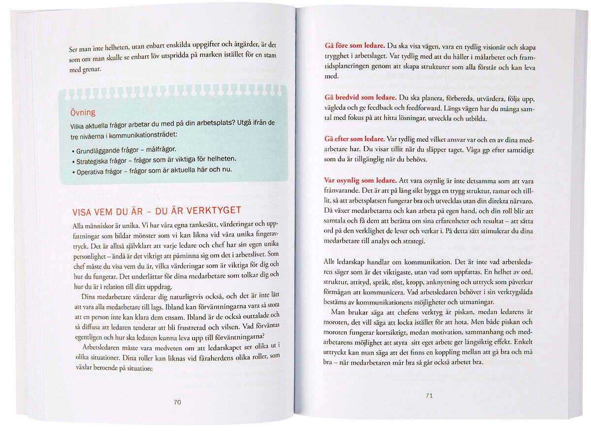Uppslag ur handbok för arbetsledare med tips och övningar för att utvecklas som arbetsledare.