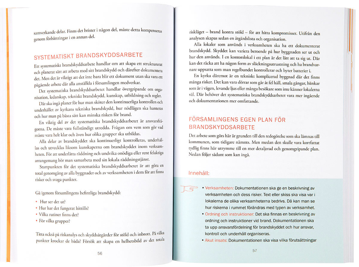 Uppslag ur boken handbok för säkra byggnader som behandlar brandskyddsarbete.