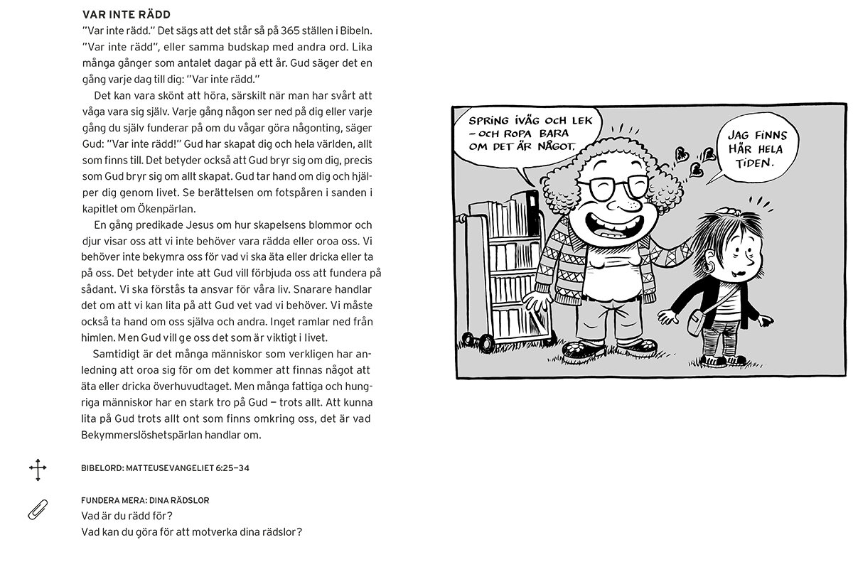 Uppslag ur bok med rubriken Var inte rädd med en illustration av en kvinna som uppmanar ett barn att gå o leka och inte vara rädd.
