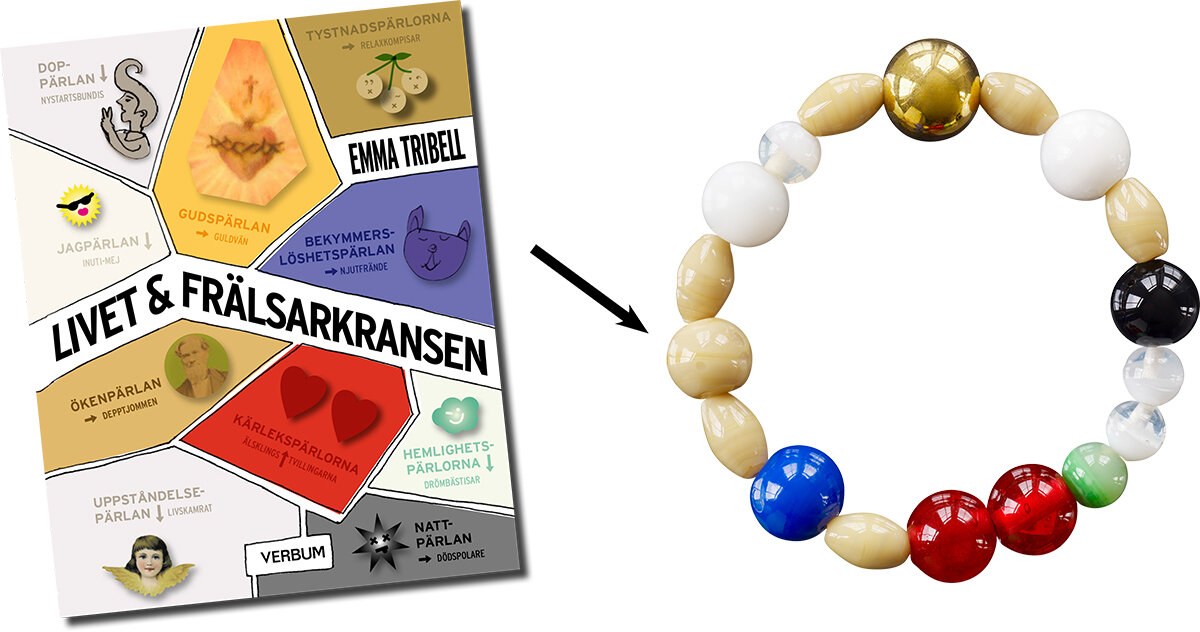 Omslaget till boken Livet och frälsarkransen. Frälsarkransen med en pil som pekar på beskymmerslöshetspärlan.
