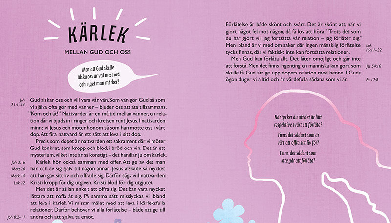 Uppslag ur konfirmandbibel med titeln Kärlek mellan gud och oss.