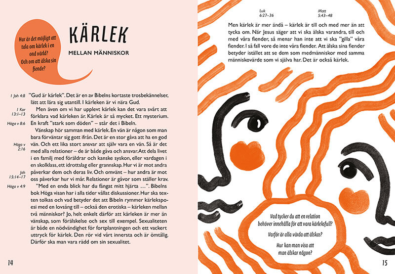 Uppslag ur konfirmandbibel med titeln Kärlek mellan människor.