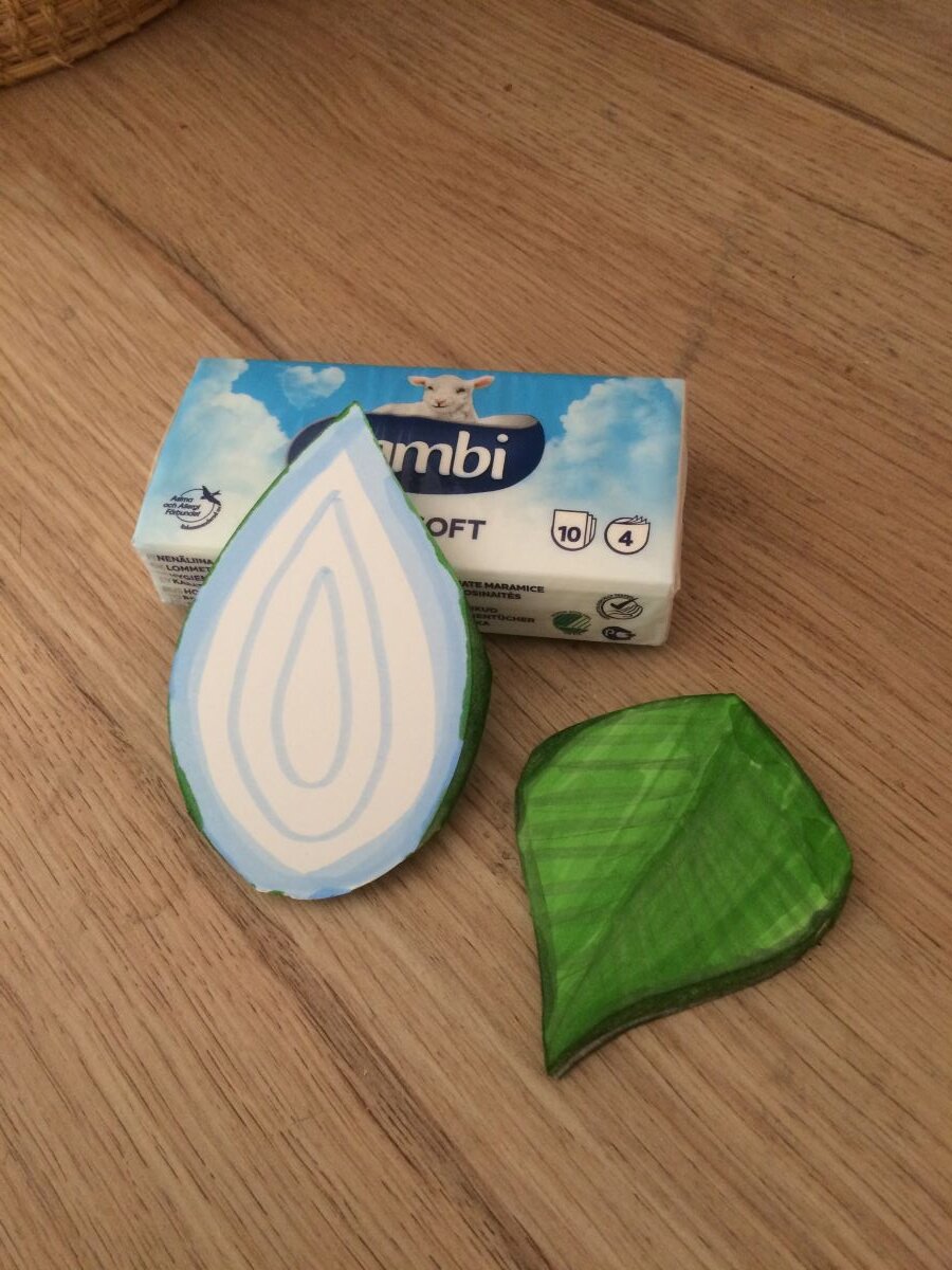 Ett blad gjord av papper och kartong som på ena sidan ser ut som en tår.