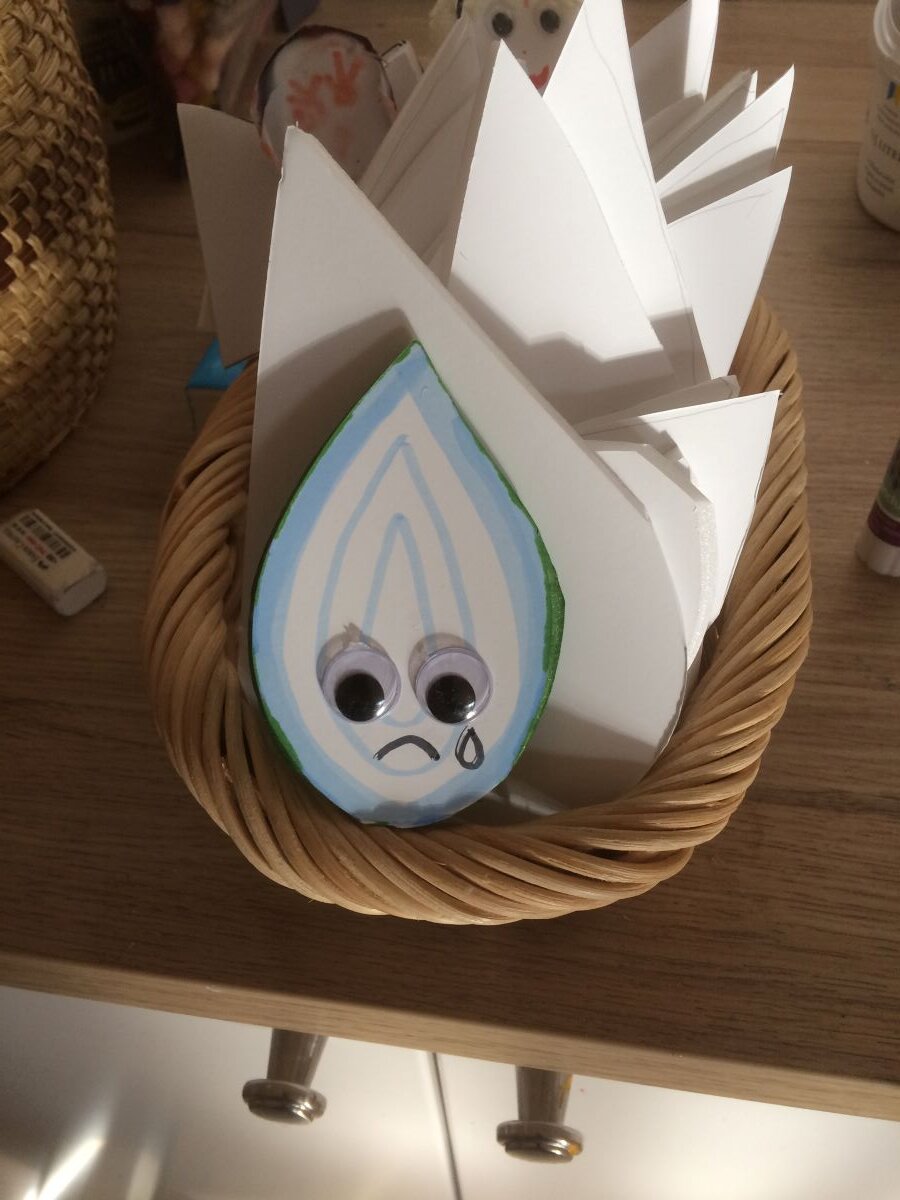 En tårformad figur med två plastögon  gråter.
