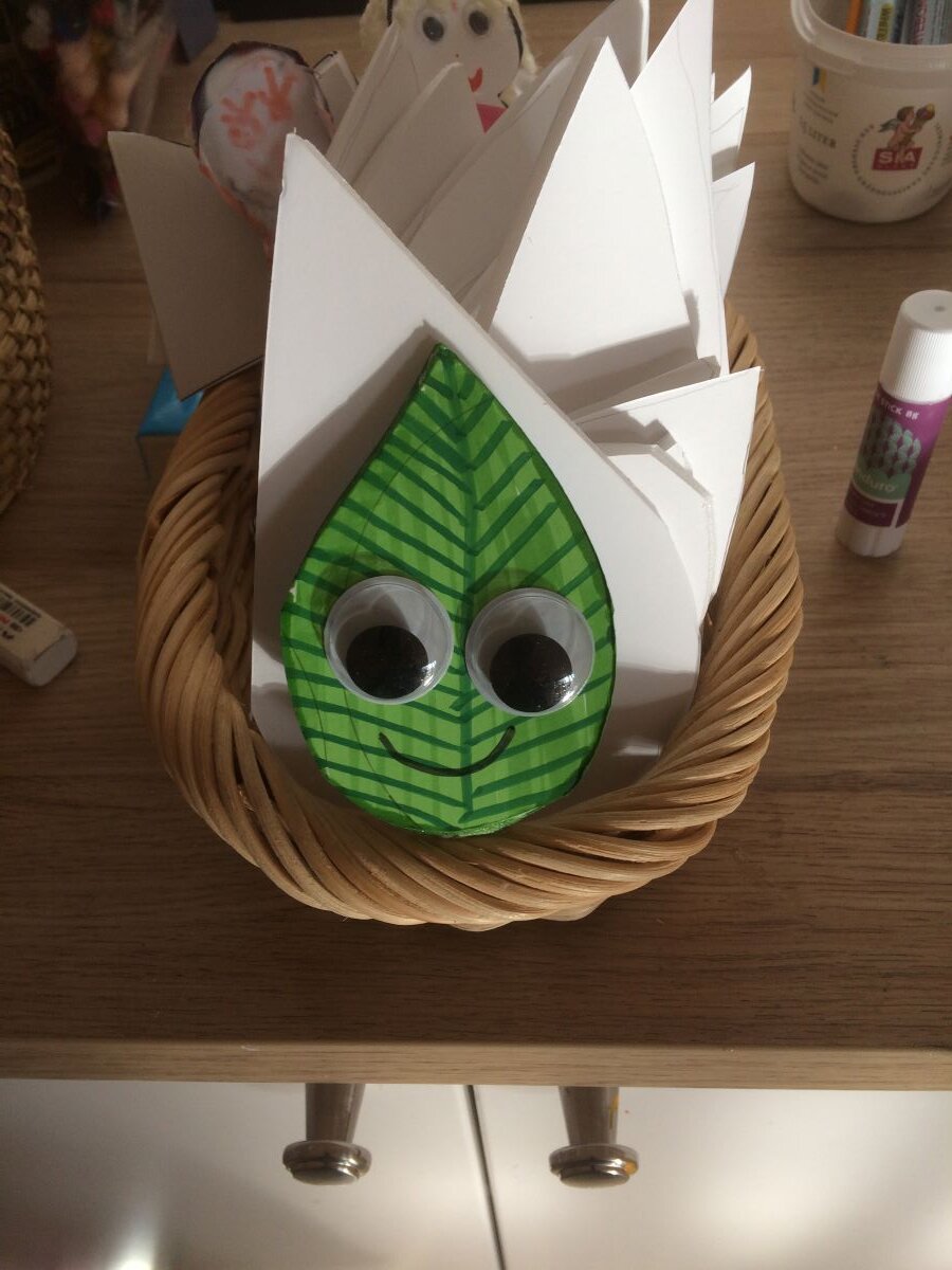 Ett grönt leende blad med två stora plastögon.